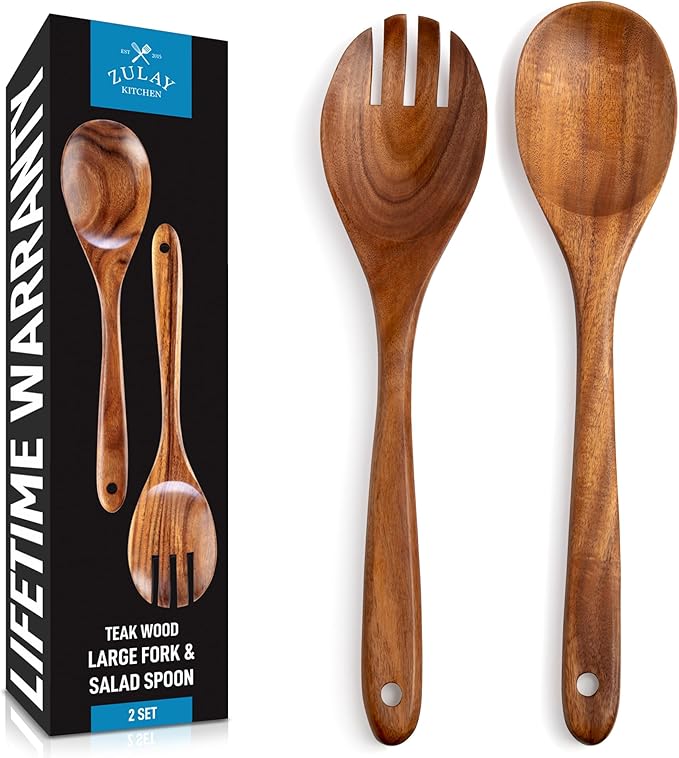 Zulay Kitchen Teak Wood Utensil Set – 2 Piece Large Wooden Salad Serving Spoon and Fork, Handcrafted Natural Teak Wood Kitchen Utensils, Durable, Nonstick Safe & Smooth Finish