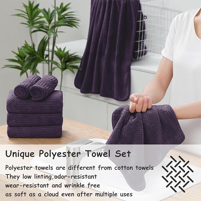 18 Pcs Purple Woven Family Towels Set-6 Bath Sheets,6 Hand Towels,6 Washcloths Soft Polyester Towels Absorbent Shower Towel Quick Dry Beach Chair Towel Lint Less Towels Set for Bathroom Spa Gym Hotel