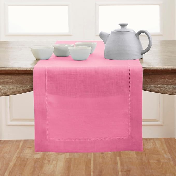 Solino Home Linen Table Runner 36 Inches - 100% Pure Linen Flamingo Pink Hemstitch Table Runner 14 x 36 Inch Ideal for Dresser and Coffee Tables, Valentines - Classic Hemstitch