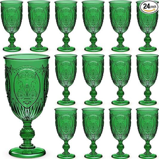 24 Pcs Plastic Goblets 7.5oz Vintage Goblet Plastic Wine Glasses Colored Retro Embossed Water Goblets for Wine Bar Juice Baby Shower Wedding Reception Grand Event Party (Dark Green)