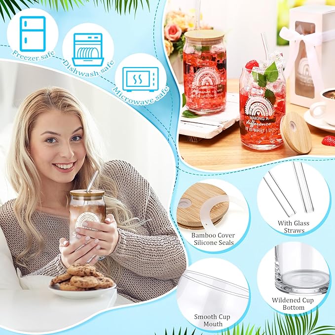 Layhit 12 Set Employee Appreciation Gifts Bulk 16 oz Thank You Glass Cups for Staff Coworker Thanksgiving Christmas Inspirational Glass Cups with Lids Straws Gift Boxes for Office Team Women Teacher