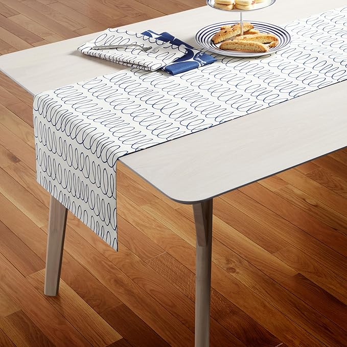 Kate Spade New York in The Loop & Joy Dot Reversible Table Runner, 100% Cotton, Machine Washable, Cream/Navy Blue, 15"x72"