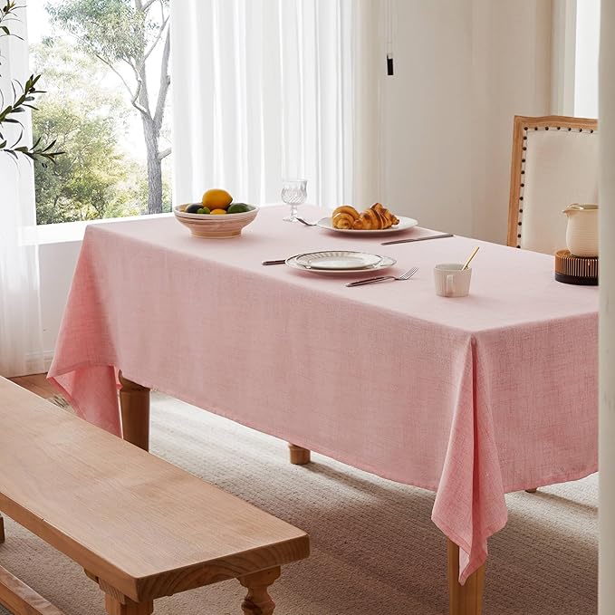 Linen Tablecloth for Square Table, 52x52 Inch Pink, Farmhouse Style Pink Tablecloth, Water Resistant Burlap Tablecloths for Dining Table Farmhouse Kitchen