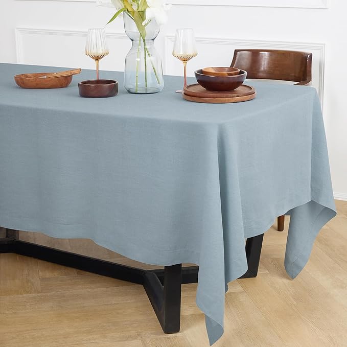 Solino Home Linen Dusty Blue Tablecloth 70 x 132 Inch - 100% Pure Linen Rectangular Tablecloth - Machine Washable Table Cloth for Winter - Sonoma