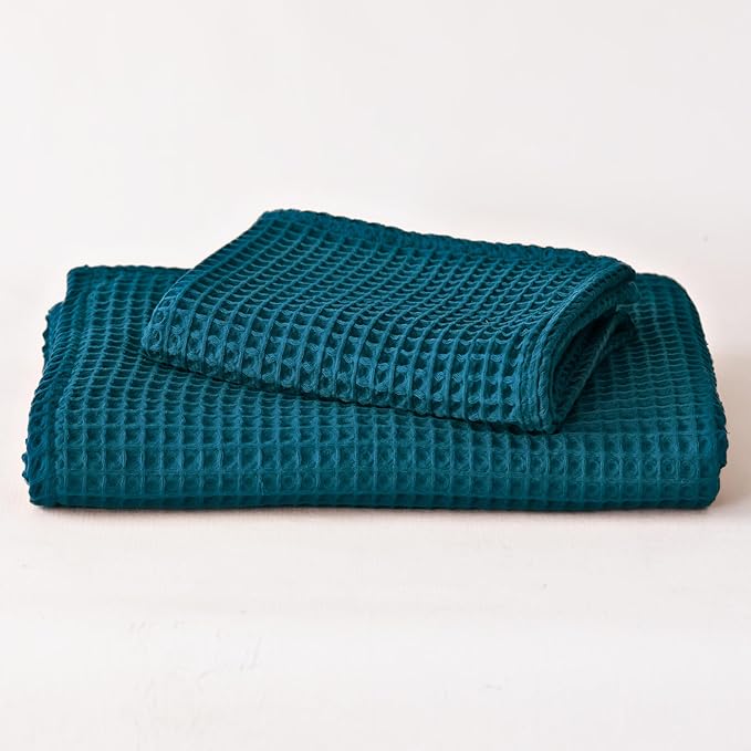 2-Piece Waffle Towels Set for Bathroom Indigo Blue - Soft 100% Turkish Cotton Quick-Dry Lint-Free Waffle Weave Thin Bath and Hand Towels (Indigo, Set of 2 Mix Towels)