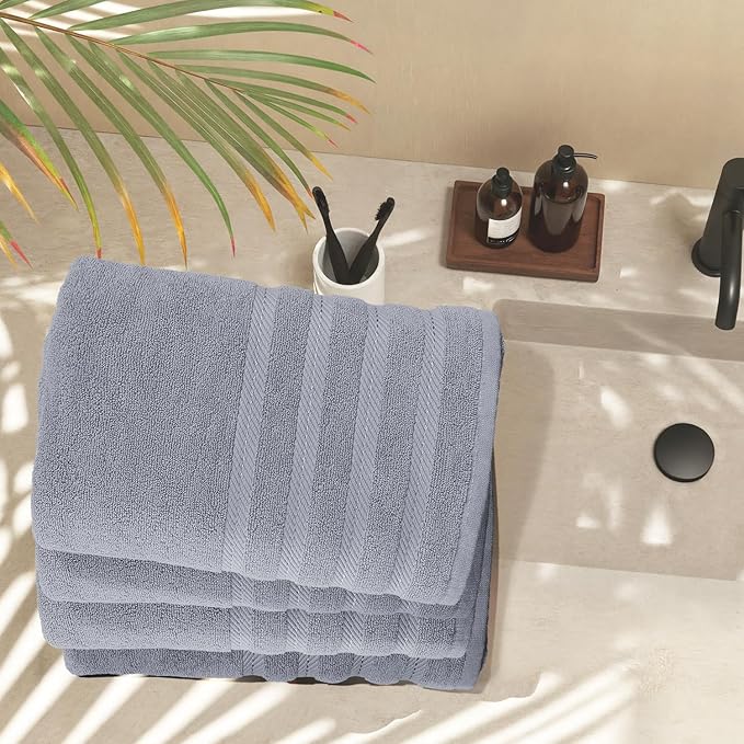 Hearth & Harbor Bath Towels for Bathroom - 100% Ring Spun Cotton Luxury Bathroom Towels - Soft & Highly Absorbent 4 Bath Towels, Stone Blue
