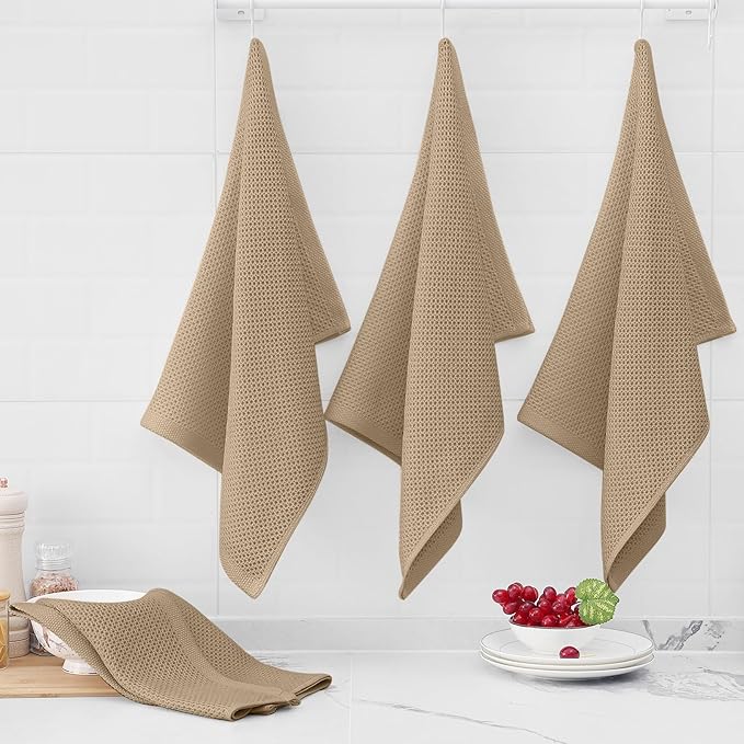 Homaxy 100% Cotton Waffle Weave Kitchen Dish Towels, Ultra Soft Absorbent Quick Drying Cleaning Towel, 20x28 Inches, 4-Pack, Tan
