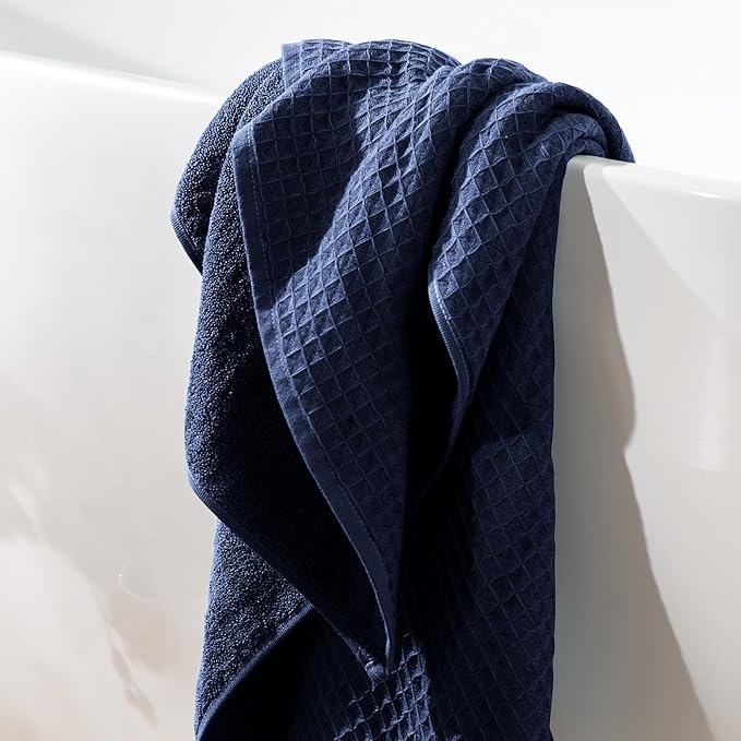 UCHINO Waffle Twist Cotton Weave Bath Towel for Bathroom Lightweight Absorbent Quick Dry Honeycomb Texture Solid Terry Loop Reverse 30" x 60", 1 Bath Towel, Indigo