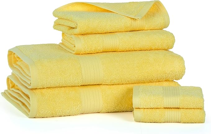 Ample Decor 100% Cotton 6 Piece Bathroom Towels Set, 2 Bath Towels, 2 Hand Towels, 2 Washcloths, Quick Drying - Yellow Towel Sets