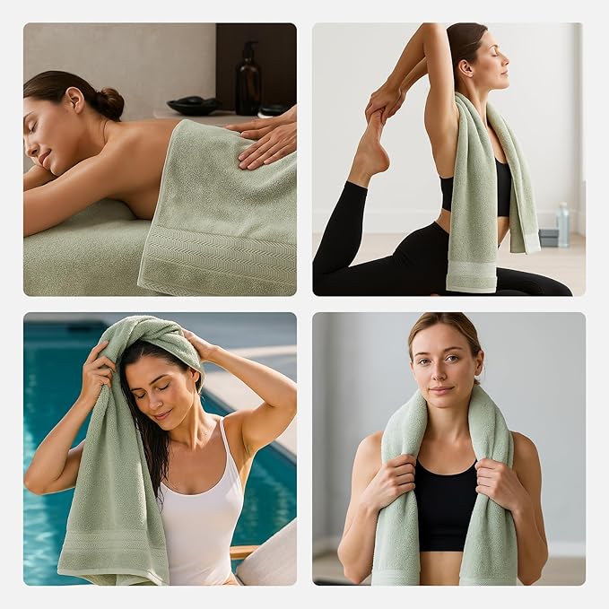 REDKISS Green Towel Set of 8-100% Cotton Luxury Bath Towels Set for Bathroom, 600 GSM Highly Absorbent Bathroom Towel with 2 Large Bath Sheet, 2 Hand, 4 Washcloths, Green Shower Towels for Dorm