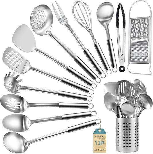 Pleafind Stainless Steel Cooking Utensils Set, 13 Pcs Heat Resistant Kitchen Utensils Set, Nonstick Kitchen Tools Set With Utensil Holder, Metal Spatula Set for Chef, Dishwasher Safe
