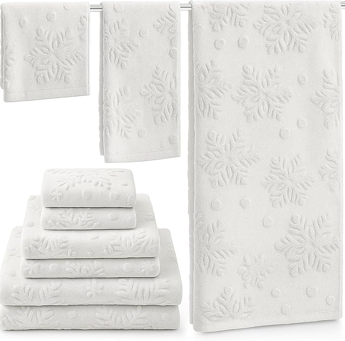 Peryiter 6 Pack Cotton 3D Christmas Snowflake Bath Towels Set White Winter Towels for Bathroom, Soft and Absorbent, Contains 2 Bath Cloth, 2 Hand Cloth and 2 Washcloths