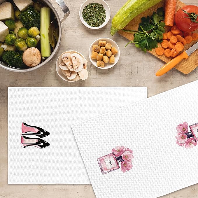 Girly Pink High Heel Perfume Kitchen Towels Set of 2, Modern Bath Bathroom Women Hand Dish Towel, Modern Fashion Floral Perfume Decorative Tea Towel 16x24 Inch