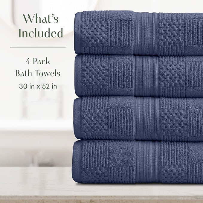 Springtree Home 100% Cotton Bath Towel Set of 4 | Blue Towels | Geometric Textured Design | Absorbent & Quick-Dry | 4 Bath Towels | Oeko-TEX® Standard 100 Cotton | Myla Collection - Indigo