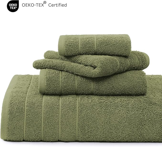 Casa Platino 100% Mercerized Cotton Bathroom Towel Set - 18 Pcs, Hotel Quality - Super Soft & Highly Absorbent - Ring Spun - 6 Large Bath Towels, 6 Washcloths, 6 Hand Towels - Family Pack - Oil Green