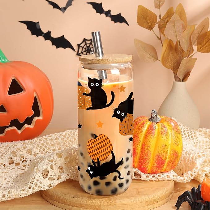 Joeyan Halloween Glass Cups with Lids and Straws,20 oz Pumpkin and Black Cat Iced Coffee Tumbler,Cute Funny Can Shaped Beer Drinking Glasses,Holiday Gifts for Women Mom Friend Teen