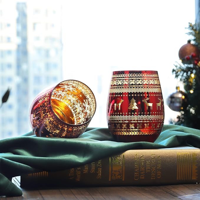 Joeyan Stemless Wine Glasses - Large Handmade Wine Glass Cups, Elk Snowflake Patterned Tumblers, 18 oz, Set of 2, Great for Gifts
