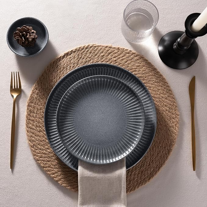 Famiware Starlight Plates and Bowls Dishes Set of 4 (12 Pieces), Ribbed Textured Stoneware Dinnerware Sets- Dishwasher & Microwave Safe, Chip Resistant, Matte Midnight Grey