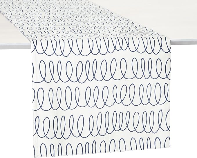 Kate Spade New York in The Loop & Joy Dot Reversible Table Runner, 100% Cotton, Machine Washable, Cream/Navy Blue, 15"x108"