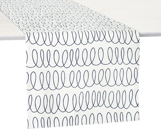Kate Spade New York in The Loop & Joy Dot Reversible Table Runner, 100% Cotton, Machine Washable, Cream/Navy Blue, 15"x72"
