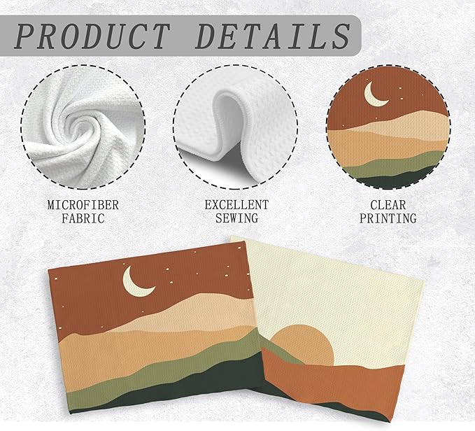 Abstract Boho Sun Moon Mountain Sunrise and Starry Night Landscape Kitchen Towels and Dishcloths Sets of 2,Boho Absorbent Drying Cloth Hand Towels Tea Towels for Bathroom Kitchen,16×24 inches