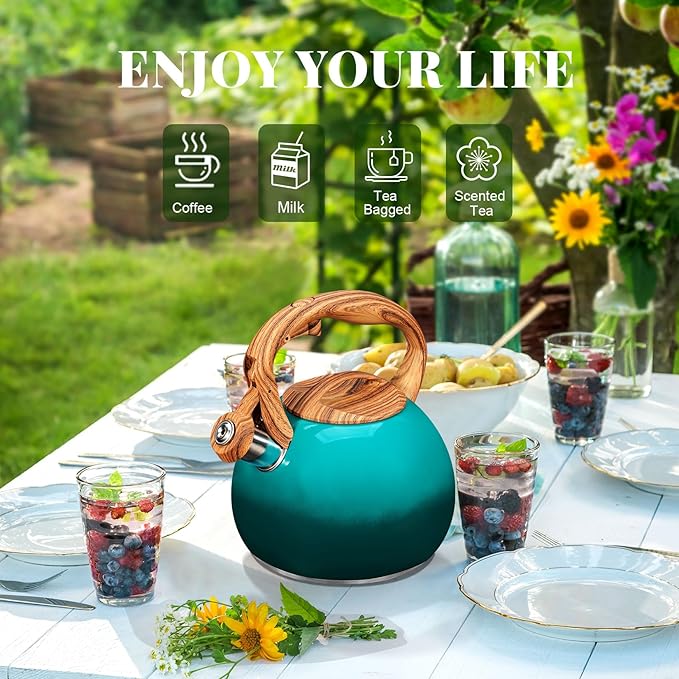 GGC Tea Kettle for Stove Top, 3.1QT/3L Whistling Tea Kettles for Boiling Water Coffee or Milk, Gradient Green Tea Pot with Wood Parttern Handle, Stainless Steel Tea Pot for Home and Kitchen