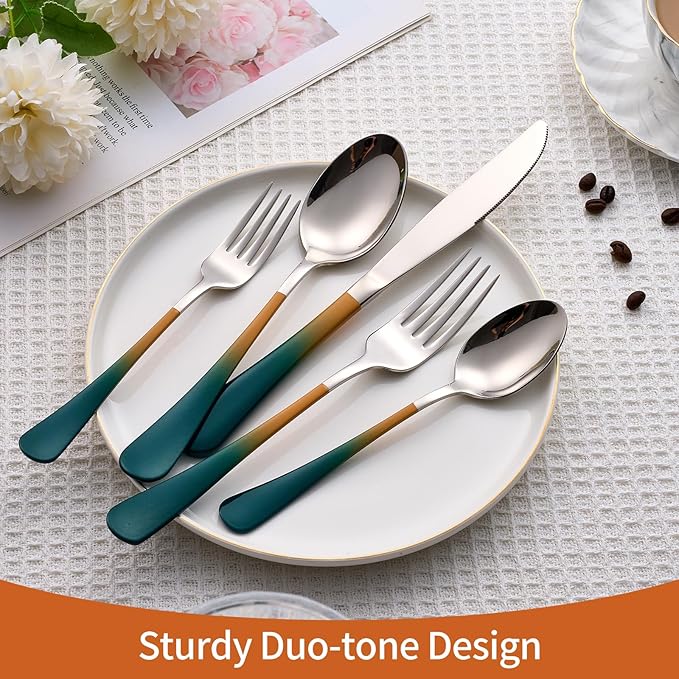 20 Piece Green and Orange 18/0 Flatware Utensil Set for 4, Include Dinner Knife,Dinner Forks,Dinner Spoons,Salad Forks,Teaspoons,Silverware Set for 4, Dishwasher Safe
