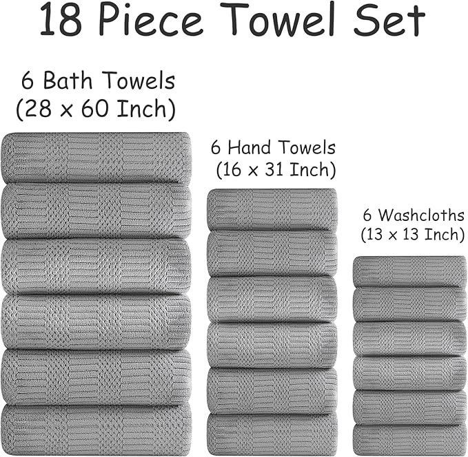 18 Pcs Gray Woven Family Towels Set-6 Bath Sheets,6 Hand Towels,6 Washcloths Soft Microfiber Towels Absorbent Shower Towel Quick Dry Beach Chair Towel Lint Less Towels Set for Bathroom Spa Gym Hotel