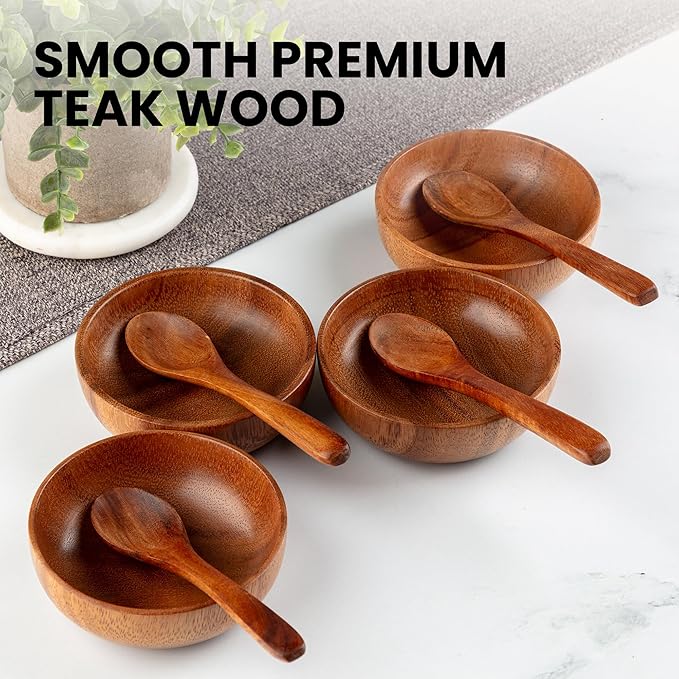 Zulay Kitchen Teak Wood Dipping Bowls with Spoons Set – 8 Piece Wooden Serving Set with 4 Mini Bowls and 4 Small Spoons, Handcrafted Natural Teak Wood, Durable & Smooth Finish