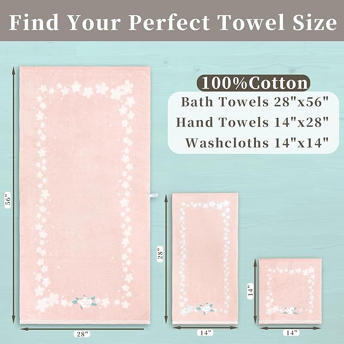 VOOVA & MOVAS Pink Hand Towels Set of 3, 14"x28" - 100% Cotton | Quick Dry | Soft | Absorbent | Lightweight, Flower Hand Towels for Bathroom & Guest, Luxury Towel Set for Showering, Pink