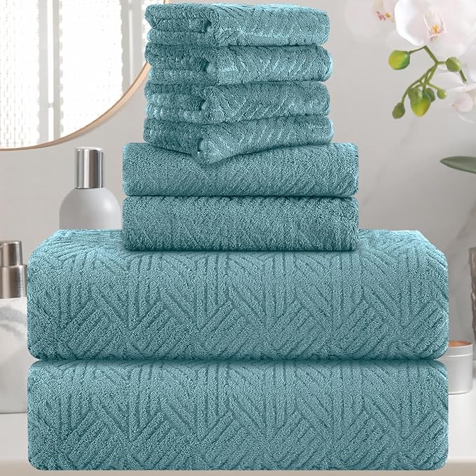 CHINO Turquoise Bath Towels Set of 8, 2 Oversized Towels/2 Hand Towels/4 Washcloths,600 GSM Bathroom Towel Large, Quick Dry Towel Soft Absorbent Shower Towels Luxury Bath Hotel Towel Set Collection