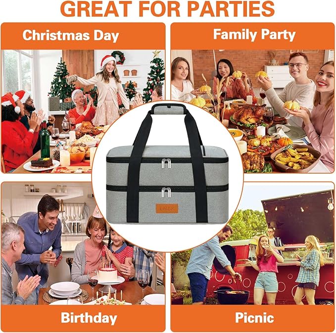 LHZK Double Insulated Casserole Carrier for Hot or Cold Food, Lasagna Holder Tote for Potluck Parties, Beach, Picnic, Travel, Fits 11x15 or 9x13 Dish (Grey)