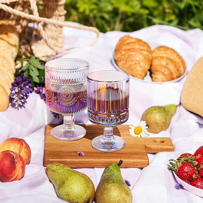 Joeyan Vintage Iridescent Wine Glasses,Embossed Water Goblet Glasses with Diamond Patterns,Rainbow Decorative Striped Stemmed Glass Tumbler Cups,Glassware for Party Wedding Anniversary,7 oz,4 pcs