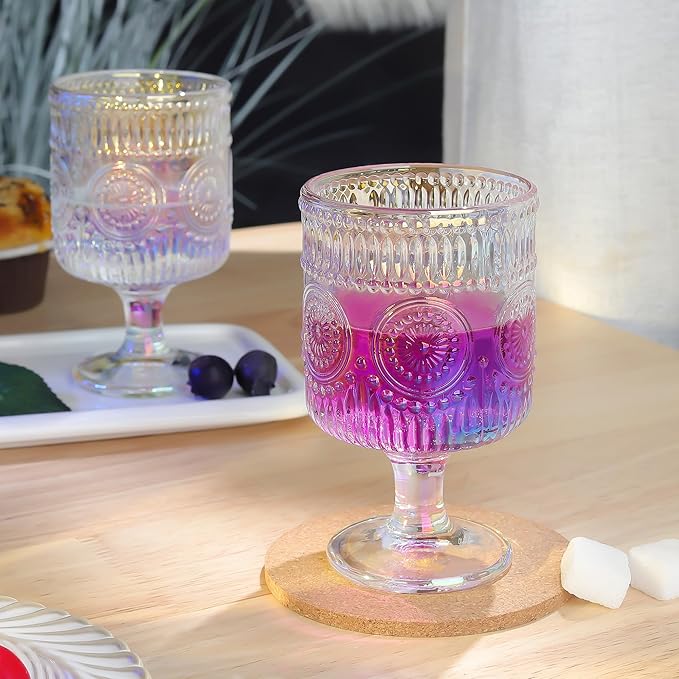 Joeyan Vintage Iridescent Wine Glasses,Embossed Water Goblet Glasses with Sunflower Patterns,Rainbow Beaded Decorative Stemmed Glass Tumbler Cups,Glassware for Party Wedding Anniversary,7 oz,4 pcs