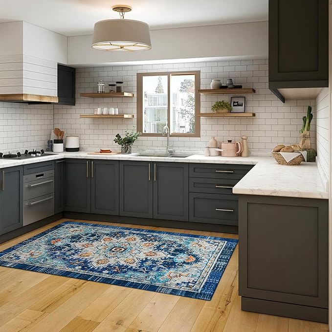 Easy-Going Area Rug 5x7 Washable Boho Rugs for Living Room Non-Slip Bedroom Rug Low Pile Lightweight Tangerine Vintage Throw Rug for Dining Room Kitchen Home Office Carpet, Floral Aqua Yellow