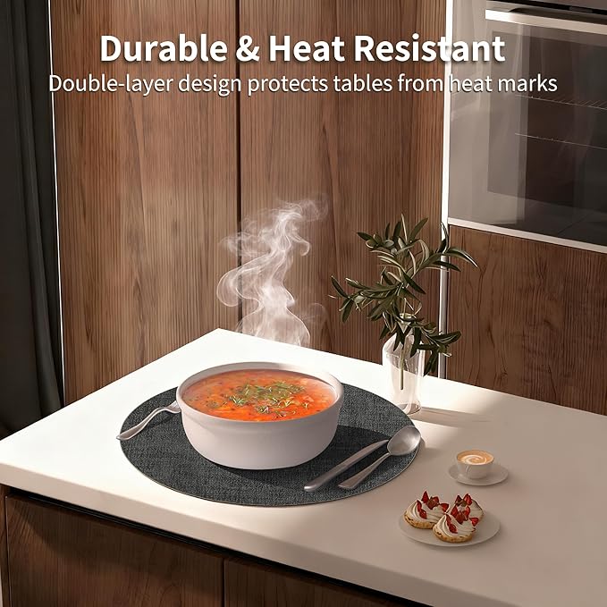 Maxpearl Round Placemats Set of 6, 13.8 inch Faux Leather Heat Resistant Table Mats, Non Slip Waterproof Wipeable Place Mats for Kitchen Dining Holiday Party Table Settings, Black