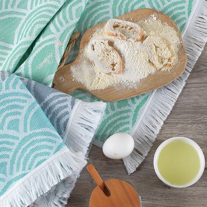 sea me at home Turkish Hand Towels for Bathroom, Kitchen Towels Decorative Set of 2, Luxury Turkish Cotton Dish Tea Towels 14 x 30 Inches for Modern, Boho, and Farmhouse Decor (Green Waves)