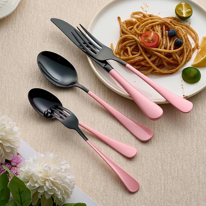 20-Piece Black Silverware Set 18/0 Stainless Steel Silverware Set Light pink Handle Cutlery Set Service for 4 Dinner Knives Forks Spoons Set Flatware Set Finish Dishwasher Safe
