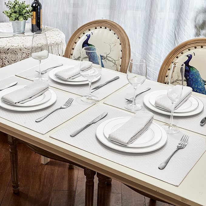 Place Mats Set of 8 – Rectangle Rectangular Waterproof Fabric Polyester Cloth Washable Wipeable Heat Resistant Placemats for Kitchen Dining Dinner Table Indoor 13 x 19 Inch Ivory