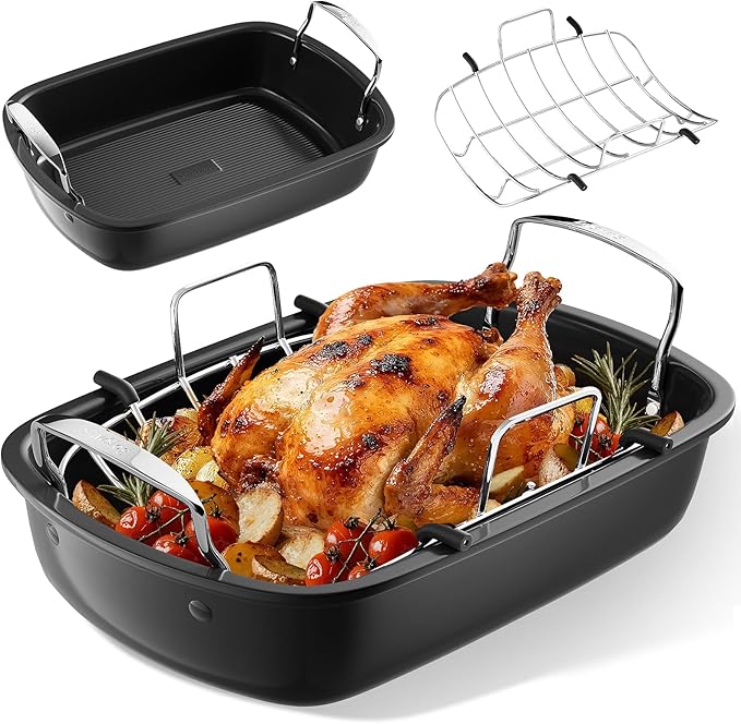 Roasting Pan, 17 Inch x 13 Inch Roaster with Removable Rack, Nonstick Roaster Pan for Roasting Turkey, Meat & Vegetables (Silver)