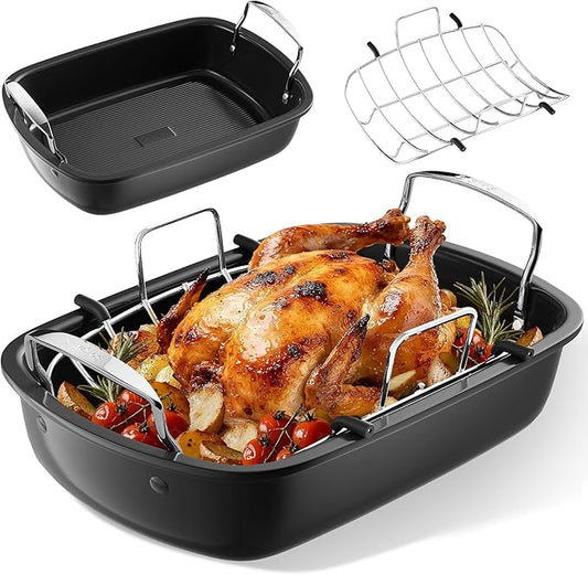 Roasting Pan, 17 Inch x 13 Inch Roaster with Removable Rack, Nonstick Roaster Pan for Roasting Turkey, Meat & Vegetables (Silver)