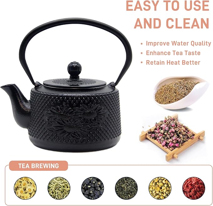 Cast Iron Teapot with Sunflower Pattern,SECHUDO Tea Kettle Coated with Enameled Interior for Loose Tea,Cast Iron Teapot with Stainless Steel Infuser for Stovetop Safe (28.7oz-Black)