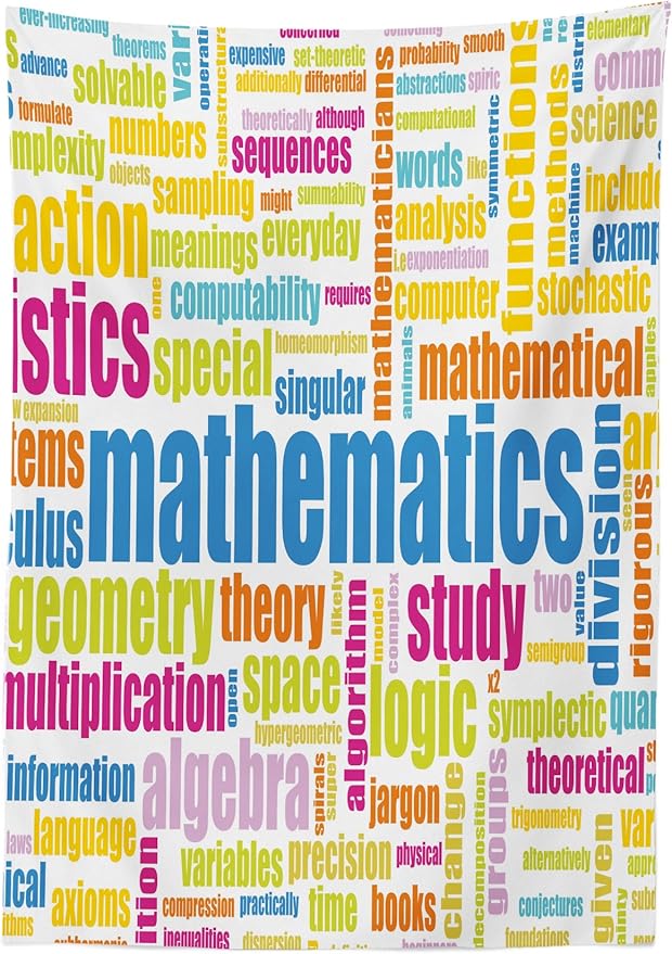 Ambesonne Mathematics Room Tablecloth, Math Related Different Words Conceptual Terminology Group Print, Rectangular Table Cover for Dining Room Kitchen Decor, 52" X 70", Blue Yellow