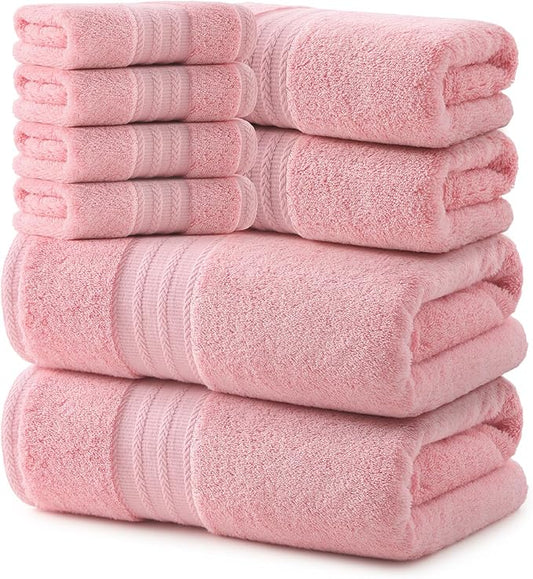 REDKISS Pink Towel Set of 8-100% Cotton Luxury Bath Towels Set for Bathroom, 600 GSM Highly Absorbent Bathroom Towel with 2 Large Bath Sheet, 2 Hand, 4 Washcloths, Pink Shower Towels for Dorm