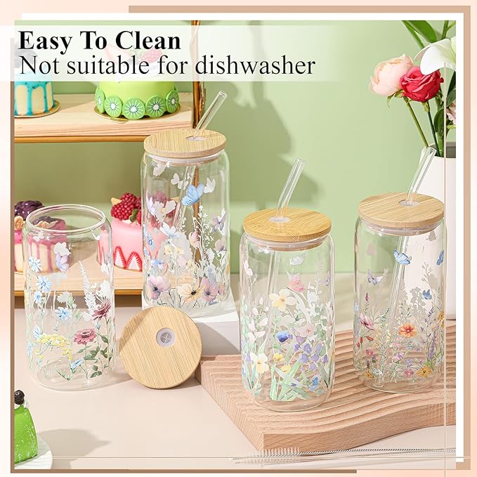 Mumufy 4 Pcs Gift for Women Wild Flower Glass Cup Tumbler Butterfly Iced Coffee Mugs 16 oz Glass with Bamboo Lid & Straw, Christmas Mothers Day Birthday Gift for Mom Sister Bridesmaid Baby Shower