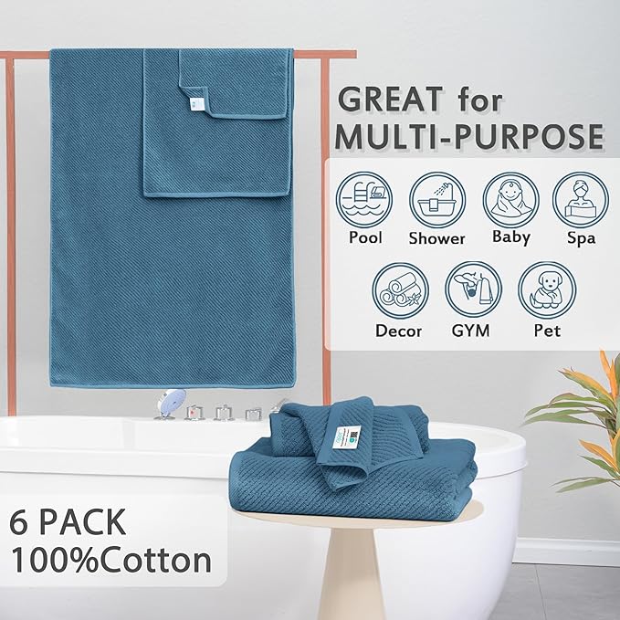 VOOVA & MOVAS Blue Towels Bathroom Sets, 100% Cotton | Lightweight | Soft | Quick Dry | Thick, Towel Set of 6, 2 Large Bath 30"x56", 2 Hand 18"x28", 2 Wash Cloths 13"x13", Denim Blue Towel Gift