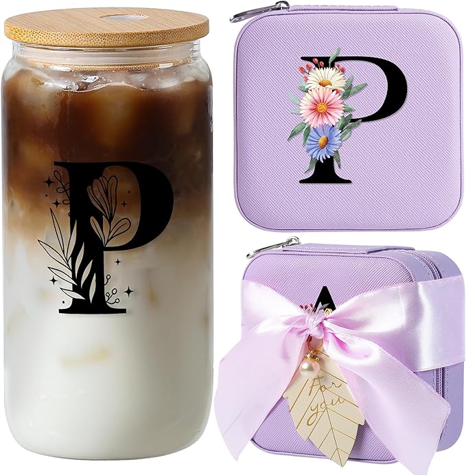 AYGXU Travel Jewelry Organizer,16oz glass cups with bamboo lids,aesthetic cups,coffee cups,Graduation Travel Essentials Small Jewelry Box,Personalized Jewelry Boxes for Women,Initial P purple