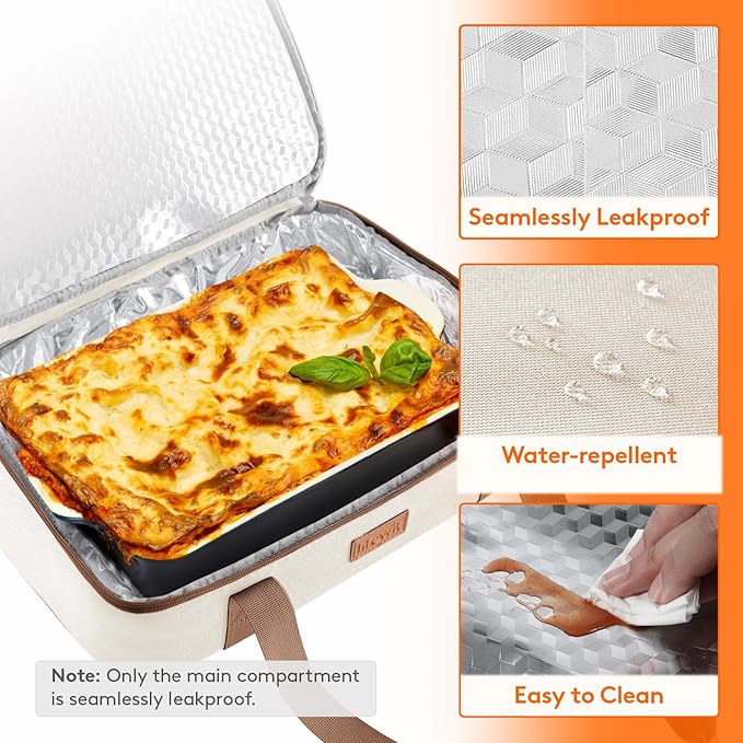 Lifewit Insulated Casserole Carrier for Hot or Cold Food, Casserole Dish with Lid and Carrying Case, Lasagna Holder for Potluck Parties/Picnic/Cookouts, Fits 9"x13" Baking Dish, Beige