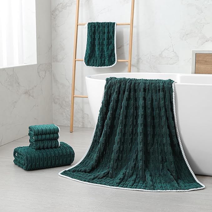 40x80 Inches Oversized Bath Sheets Extra Large Bath Towels Set of 6 for Adults Super Soft Quick Dry Lightweight Lint Free Absorbent Stripe Microfiber Shower Towels (Dark Green, 6 Piece)