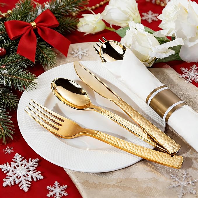 WELLIFE 50 Pack Gold Plastic Silverware with Pre Rolled Napkins,Hammer Pattern Design,Plastic Cutlery Includes: 50 Forks,50 Knives,50 Spoons,50 Napkins,Gold Silverware Disposable for Christmas